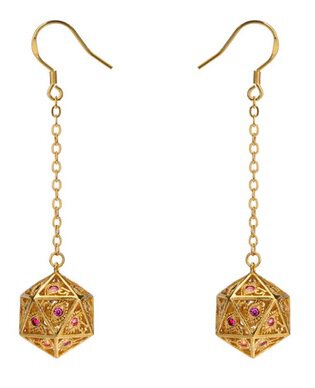 Dragons Eye D20 Earrings Gold with Red Gems