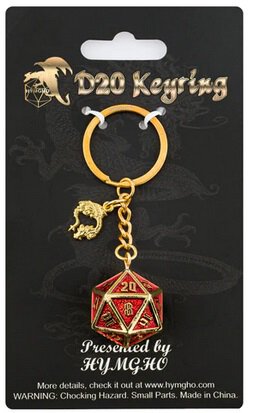 D20 Keychain with Dragon Charm Draconis Gold with Red