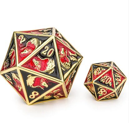 Solid Metal Dragon Chonk D20 Gold with Red &amp; Black (45mm)